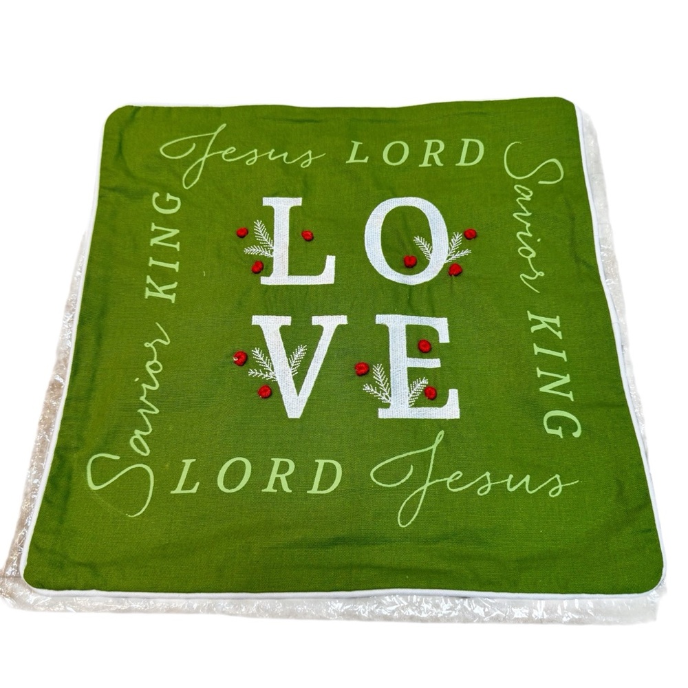 Mary & Martha Love Jesus Green Red Holiday Christmas Throw Pillow Cover NWT